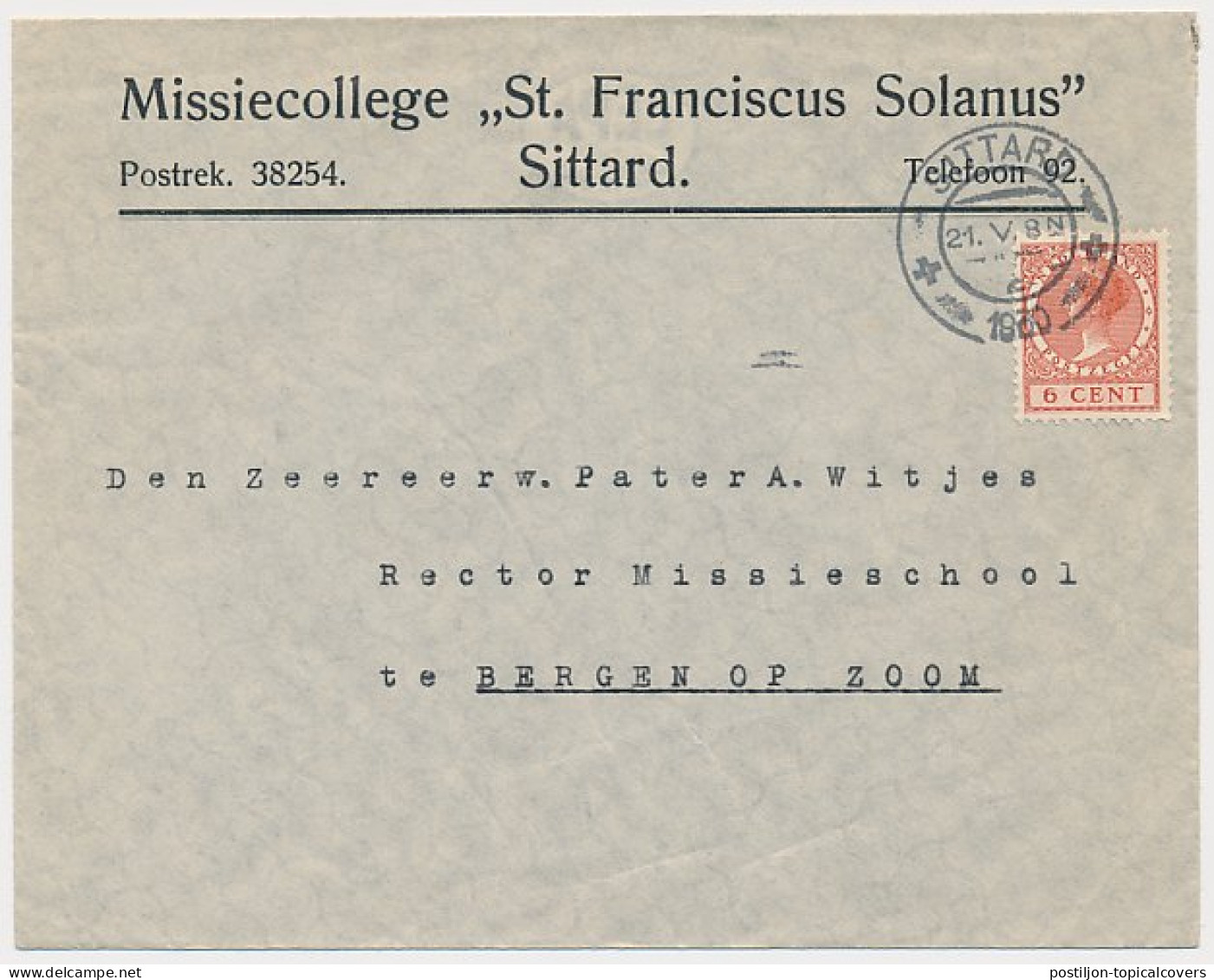 Envelop Sittard 1930 - Missiecollege St. Franciscus Solanus - Non Classificati