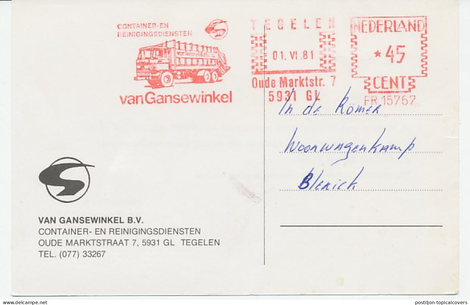 Meter Card Netherlands 1981 Garbage Truck - LKW