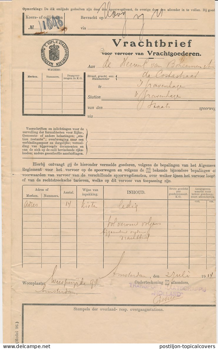 Vrachtbrief Staats Spoorwegen Amsterdam - Den Haag 1914 - Non Classificati