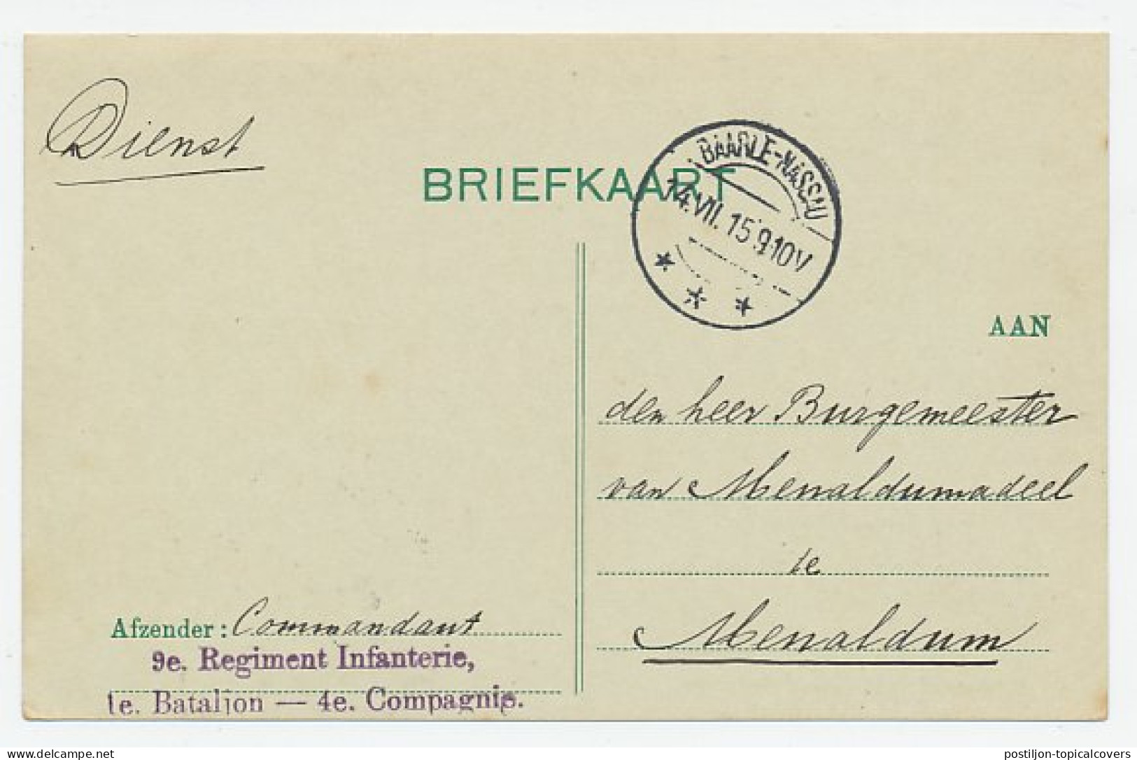 Dienst Baarle Nassau - Menaldum 1915 - Comm. 9e Reg. Infanterie - Non Classificati