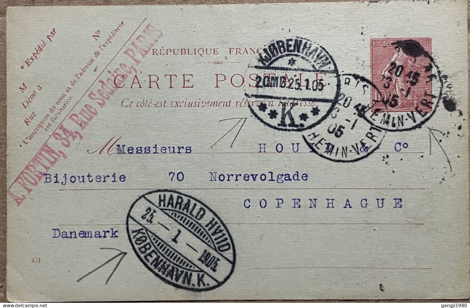 FRANCE TO DENMARK, STATIONERY CARD USED 1905, EGG SIZE CHOP, HARALD COPENHAGEN & PARIS CITY CANCEL. - Covers & Documents