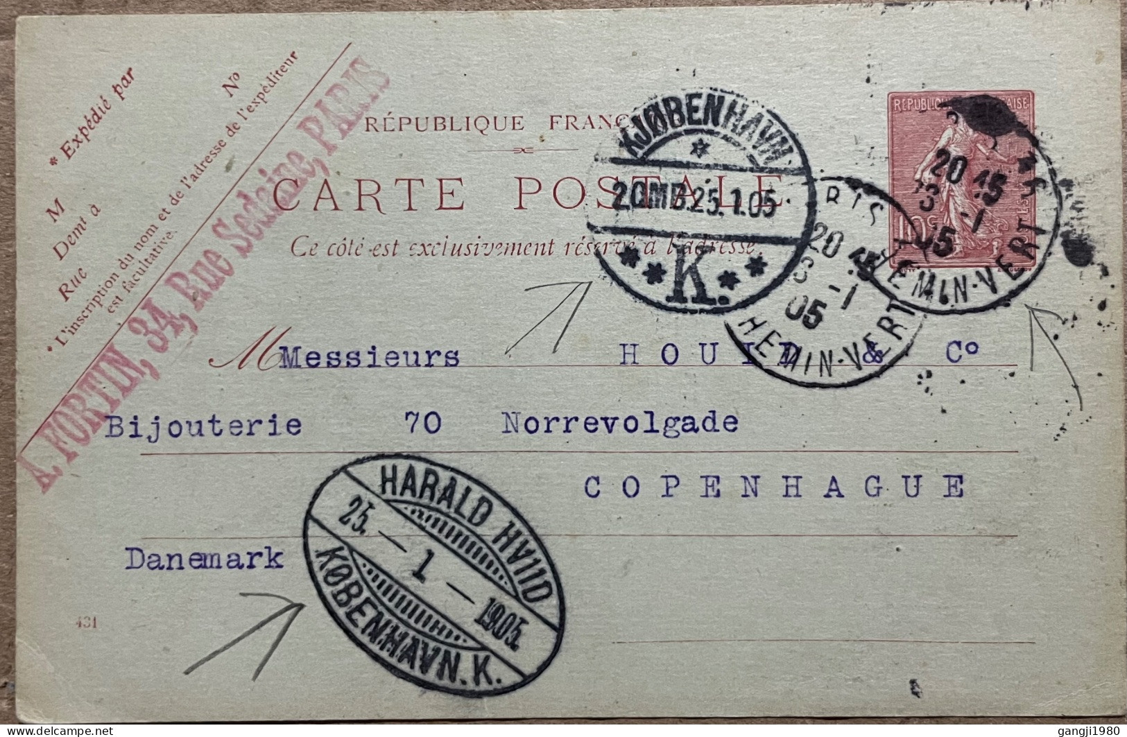 FRANCE TO DENMARK, STATIONERY CARD USED 1905, EGG SIZE CHOP, HARALD COPENHAGEN & PARIS CITY CANCEL. - Cartas & Documentos