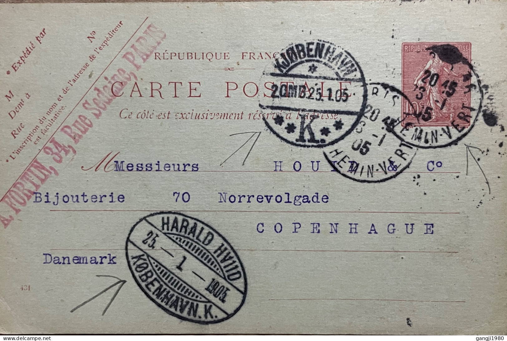 FRANCE TO DENMARK, STATIONERY CARD USED 1905, EGG SIZE CHOP, HARALD COPENHAGEN & PARIS CITY CANCEL. - Covers & Documents