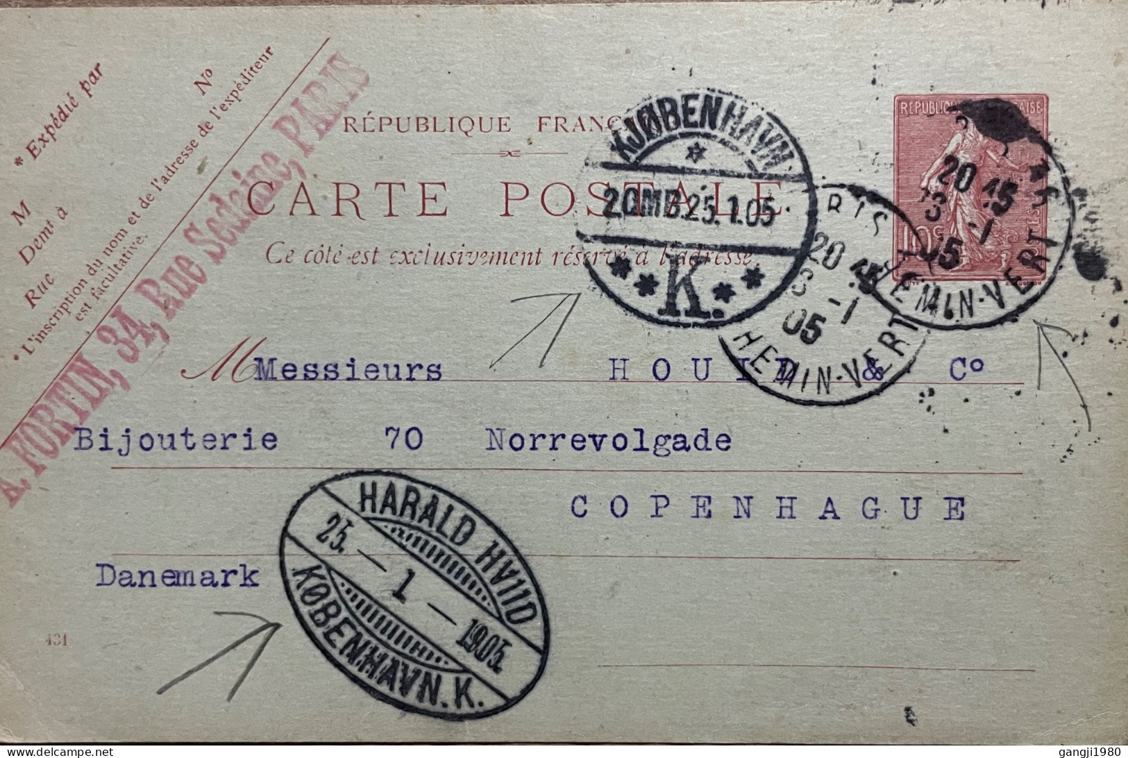 FRANCE TO DENMARK, STATIONERY CARD USED 1905, EGG SIZE CHOP, HARALD COPENHAGEN & PARIS CITY CANCEL. - Brieven En Documenten