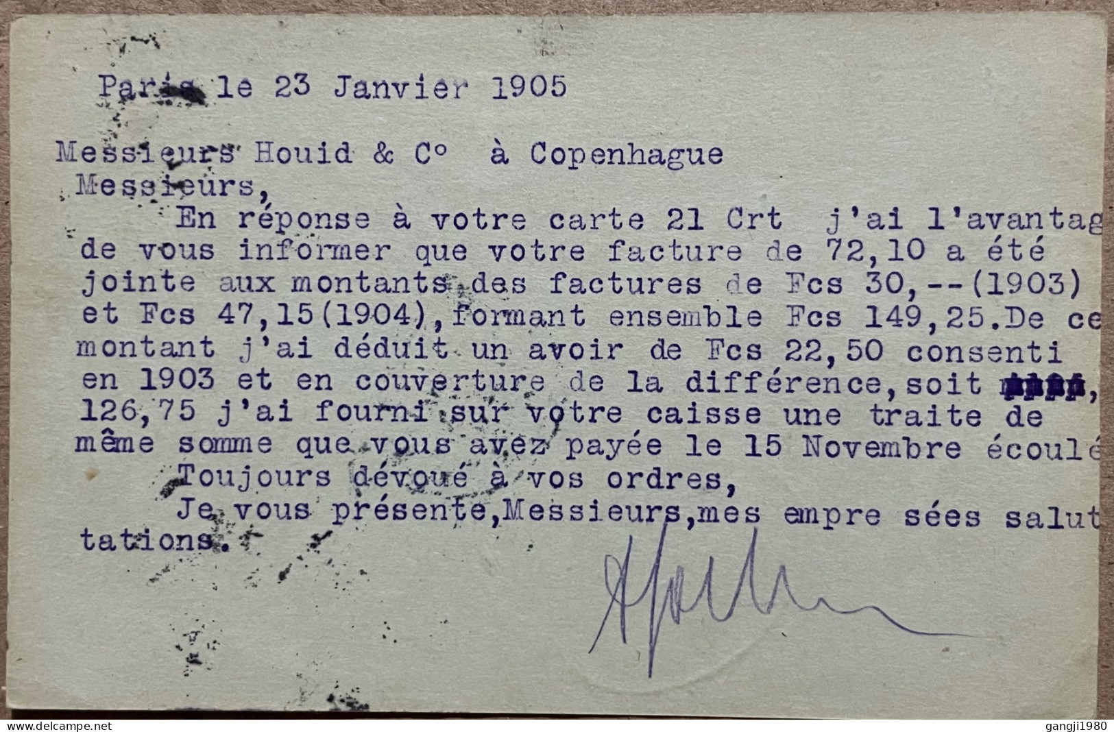 FRANCE TO DENMARK, STATIONERY CARD USED 1905, EGG SIZE CHOP, HARALD COPENHAGEN & PARIS CITY CANCEL. - Covers & Documents