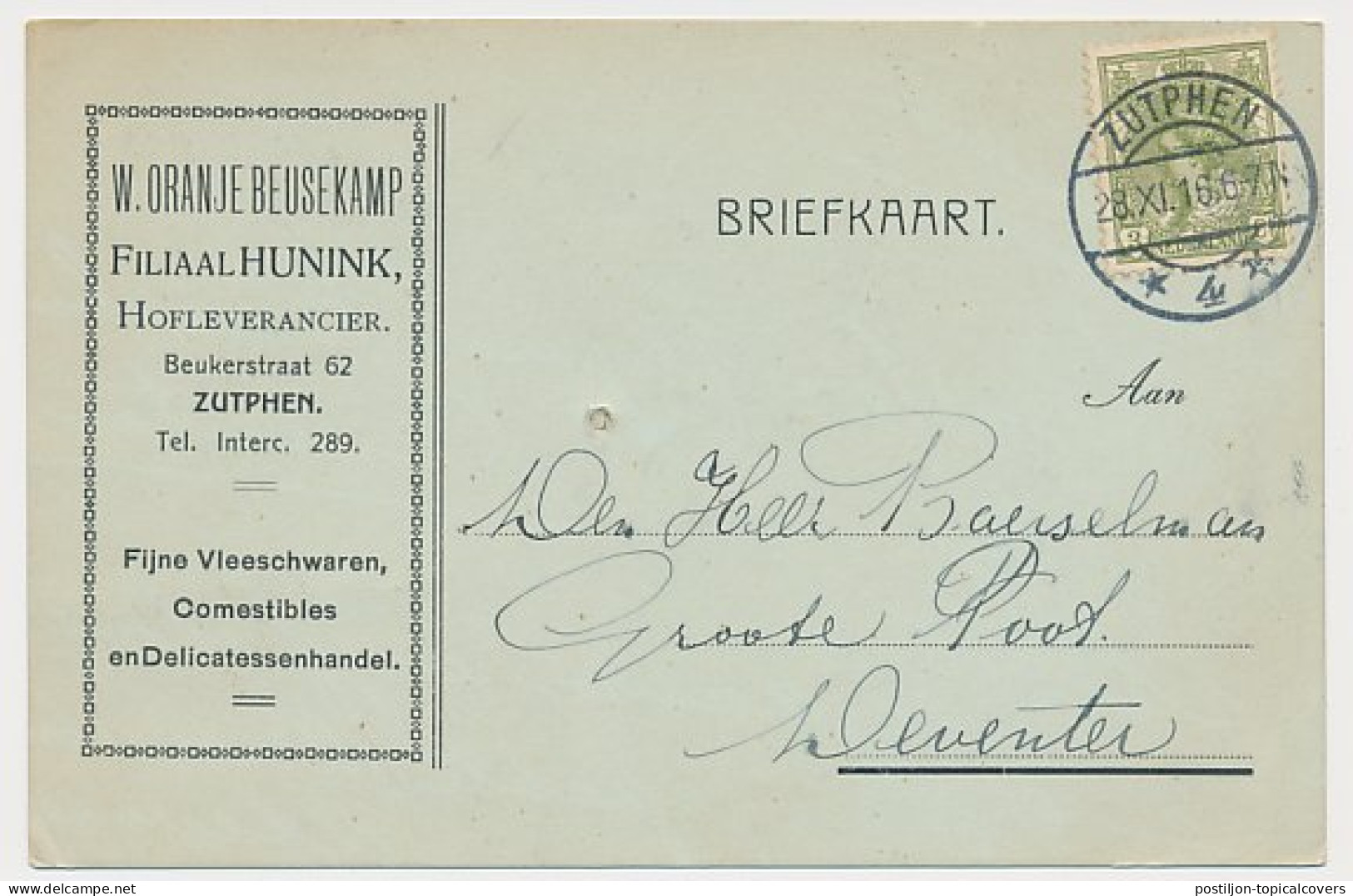 Firma Briefkaart Zutphen 1916 - Vleeswaren - Comestibles - Non Classificati