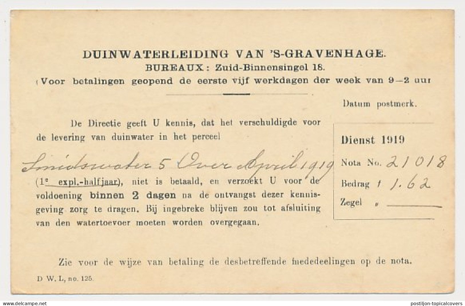 Briefkaart G. DW101-a - Duinwaterleiding S-Gravenhage 1919 - Interi Postali