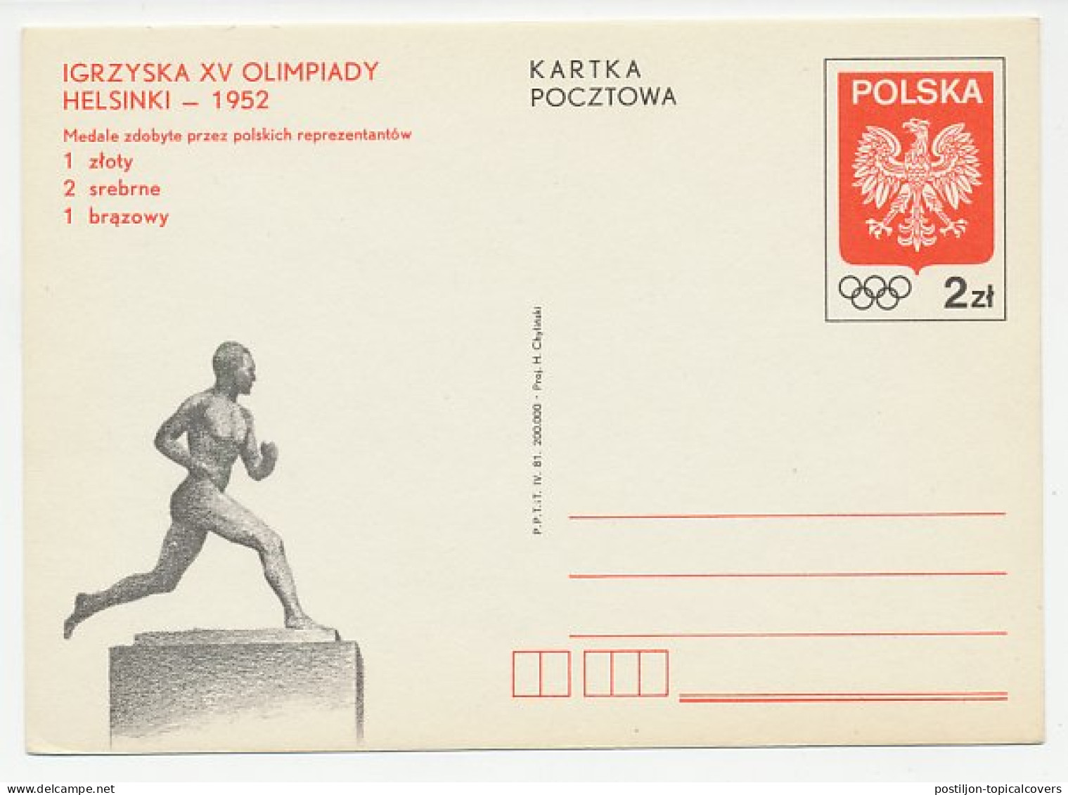 Postal Stationery Poland 1981 Olympic Games Helsinki 1952 - Autres & Non Classés