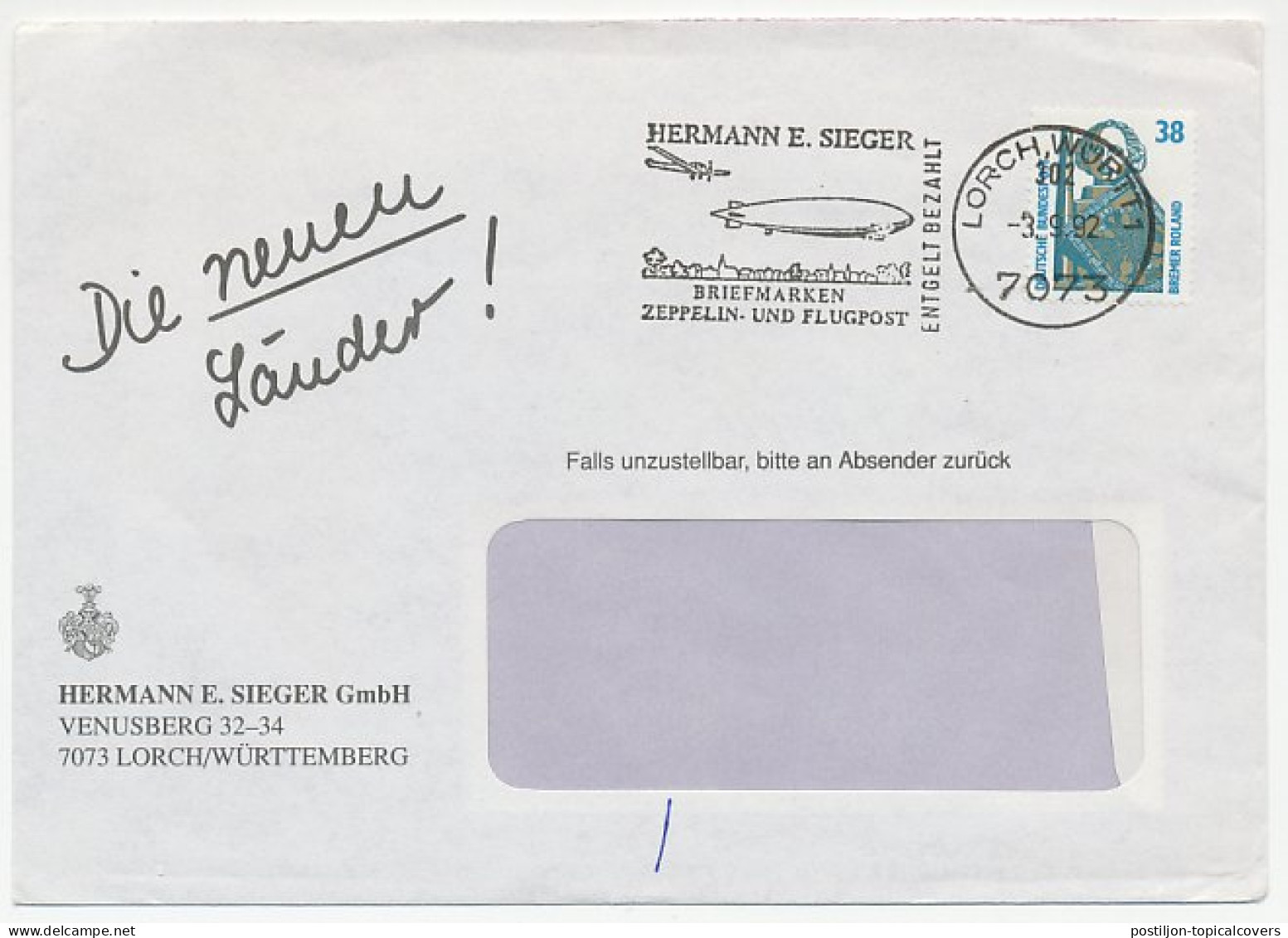 Cover / Postmark Germany 1992 Zeppelin - Airmail - Hermann E. Sieger - Airplanes