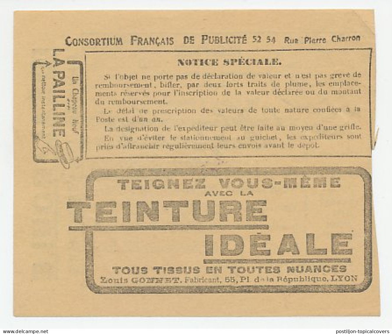 Advertising Receipt Registered Letter France 1929 Chapeau - Hat - Fabrics - Colors - Disfraces