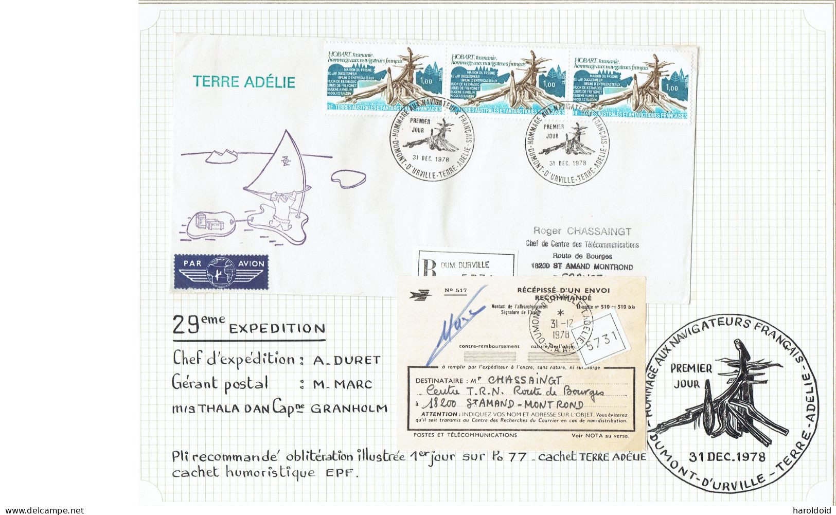 29e Expedition - LR 1er Jour TP N°77 Cachet Humoristique + Recepissé De La LR Signé MARC - Storia Postale