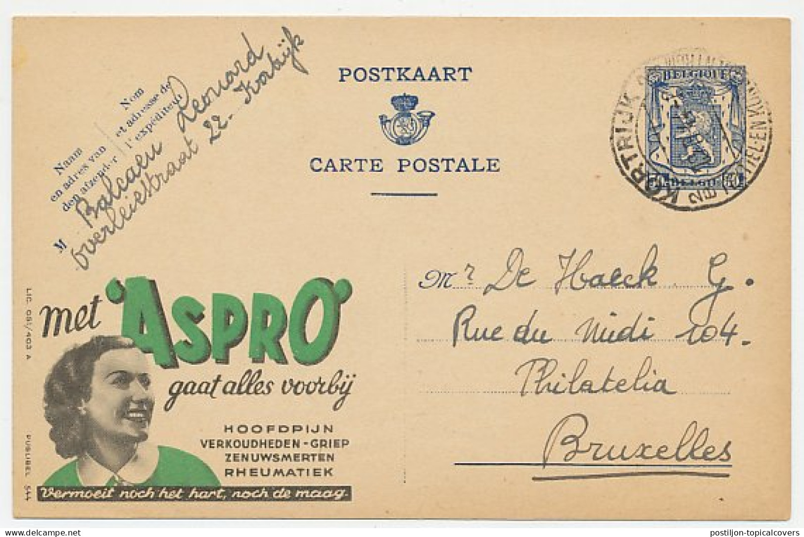 Publibel - Postal Stationery Belgium 1944 Medicine - Aspro - Pharmacy