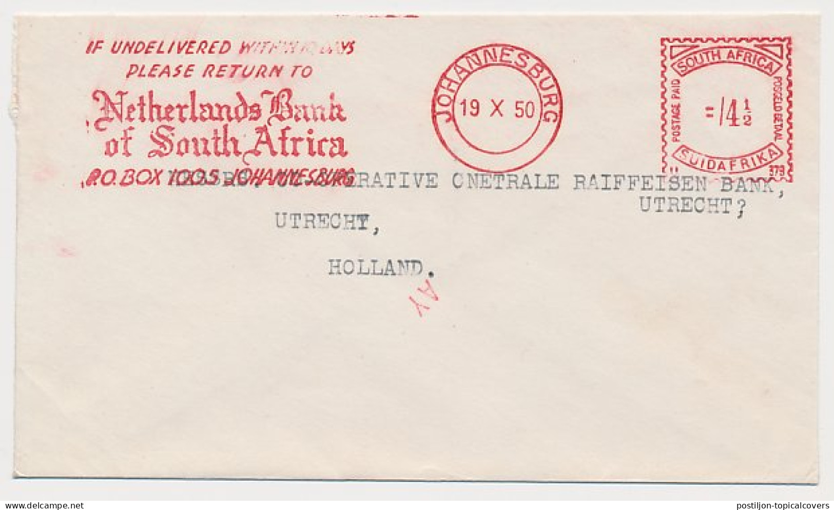 Meter Cover South Africa 1950 Netherlands Bank Of South Africa - Unclassified