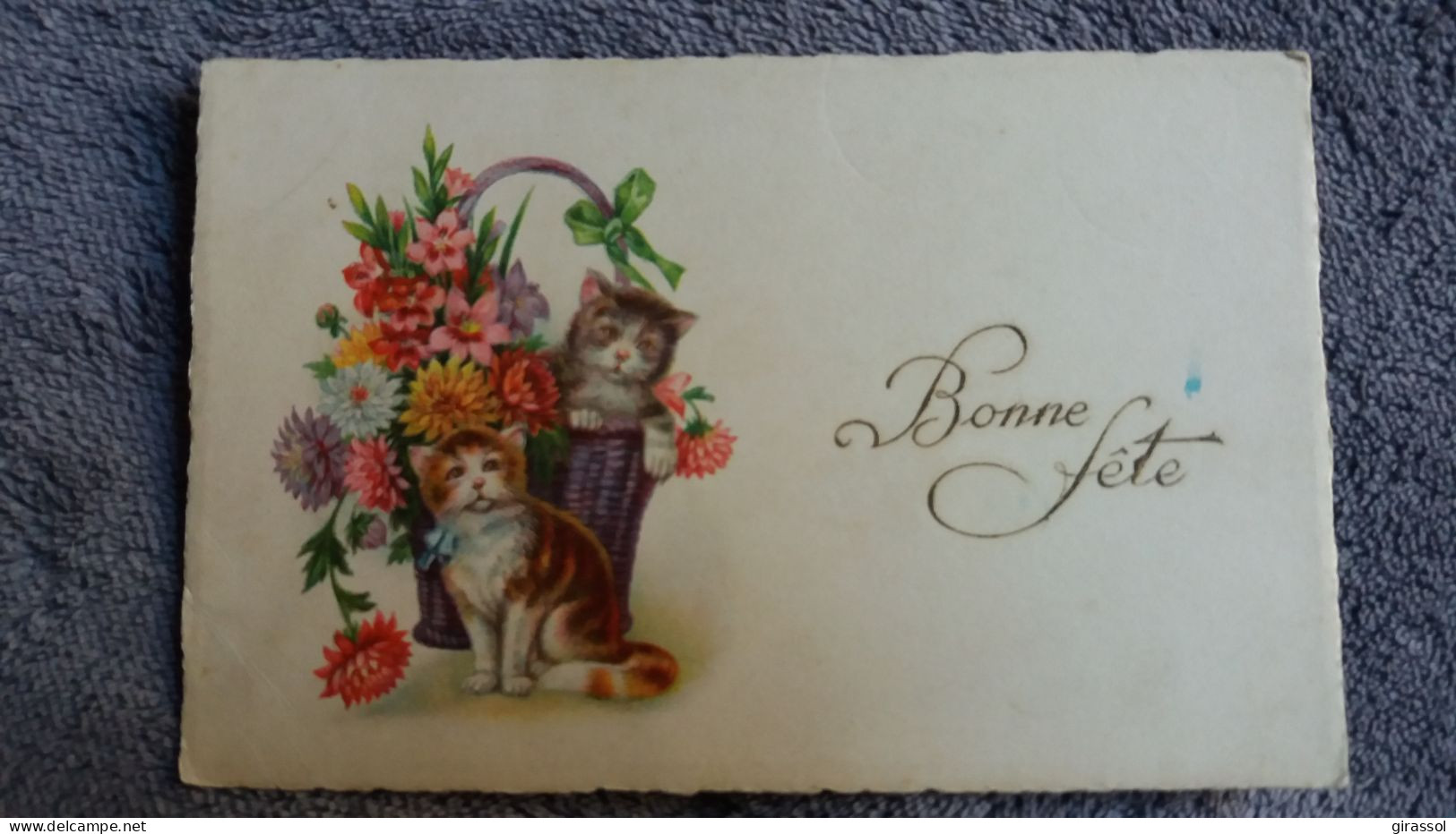 CPSM CHAT CHATON CORBEILLE DE FLEURS BONNE FETE - Chats