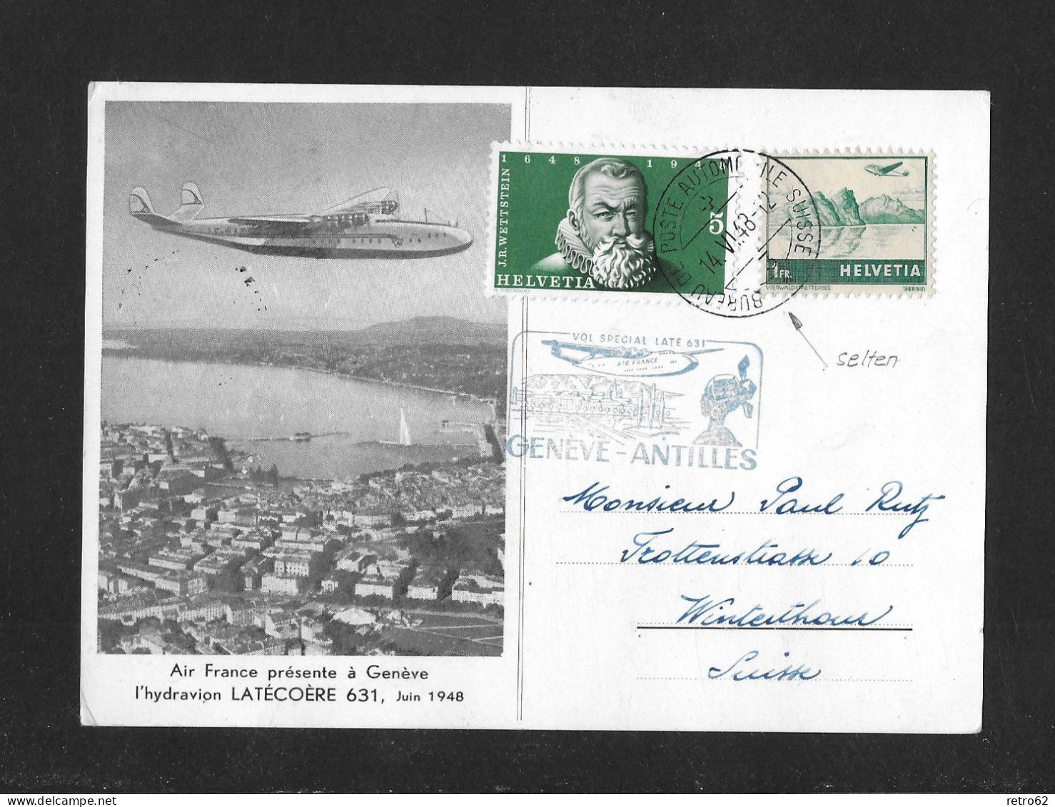 1948 SONDERFLUG GENF-ANTILLEN ► Flugpostkarte Mit Bild "Air France Présente à Genève"   ►SLH-SF 48.4 / ZSt. Fig 153◄ - Primi Voli