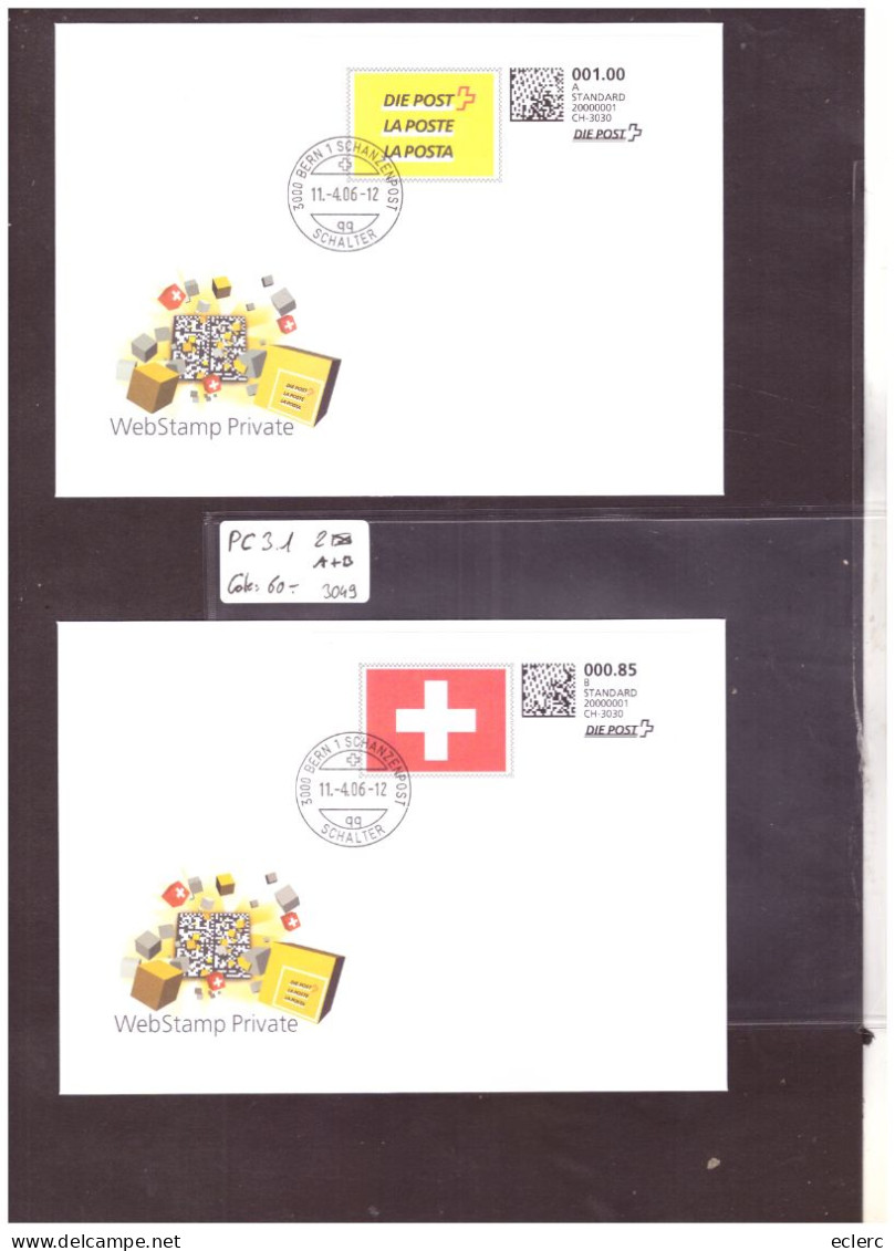 WEB STAMP - TIMBRE Q-CODE - PC 3.1 -  2 ENVELOPPES, COURRIER A + B - COTE 60.- - Automatic Stamps