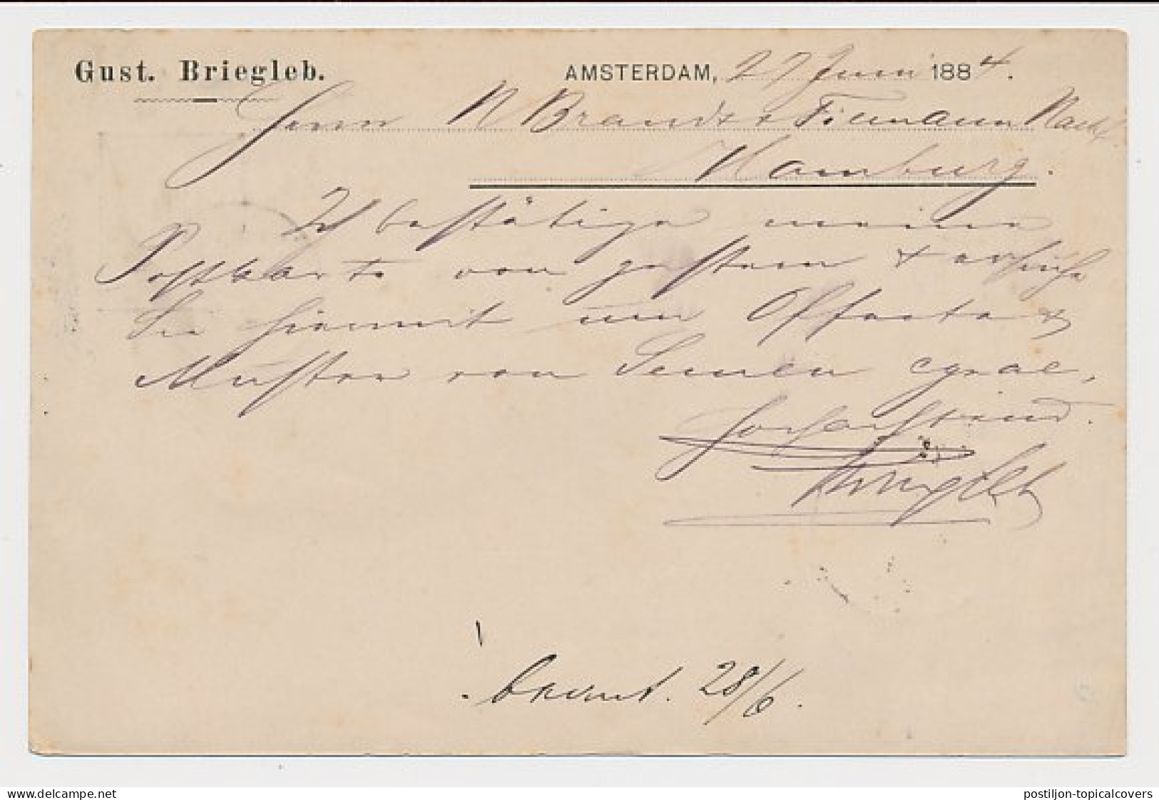 Briefkaart G. 25 Particulier Bedrukt Amsterdam - Duitsland 1884 - Postwaardestukken