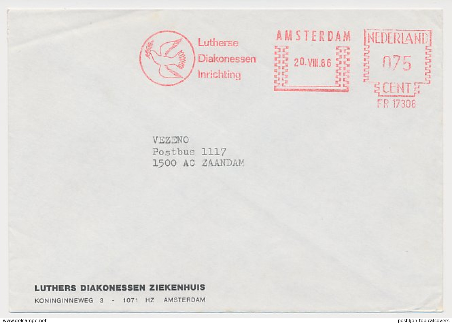 Meter Cover Netherlands 1986 Bird - Peace Dove - Autres & Non Classés