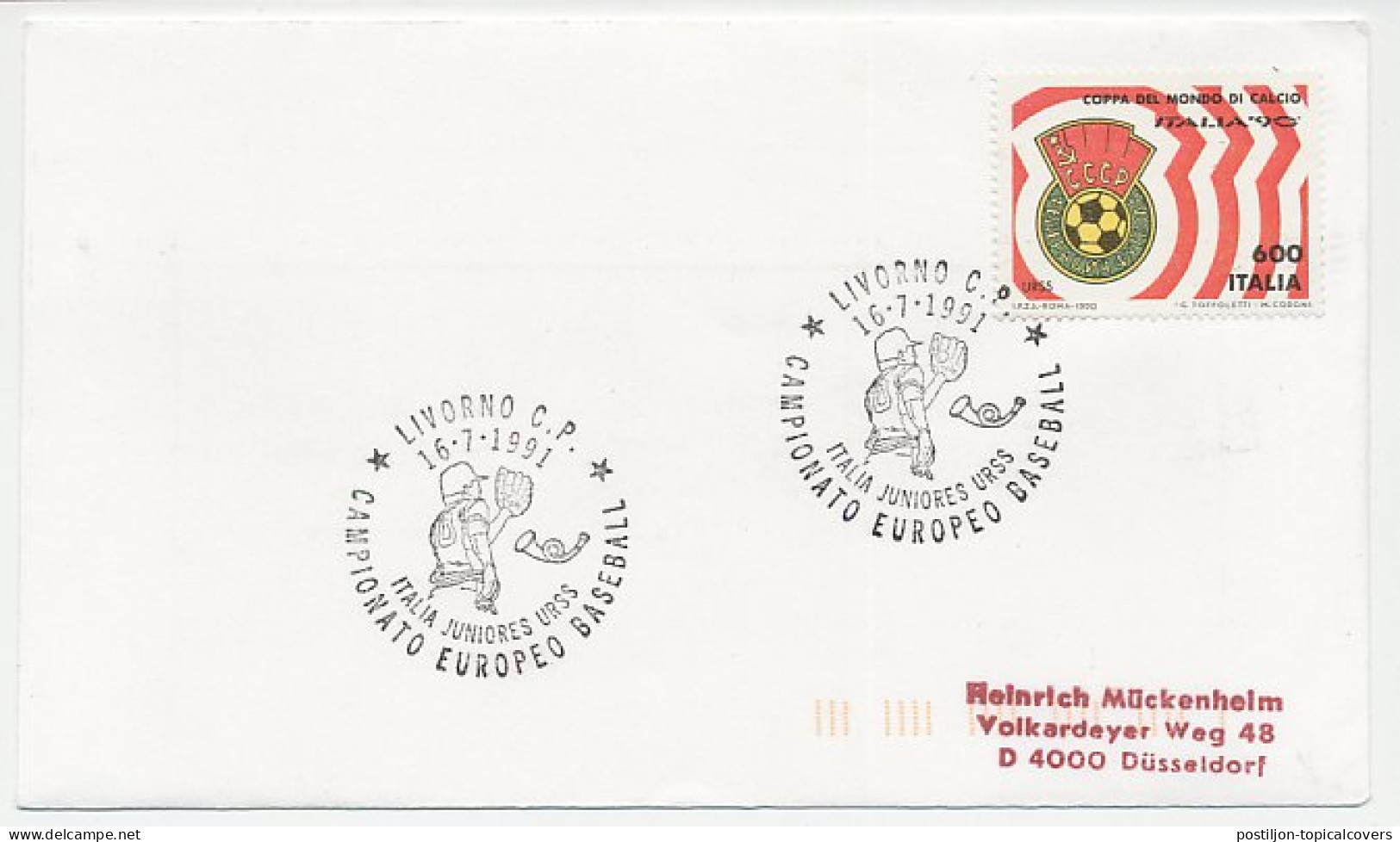 Cover / Postmark Italy 1991 European Championship Baseball Livorno 1991 - Other & Unclassified
