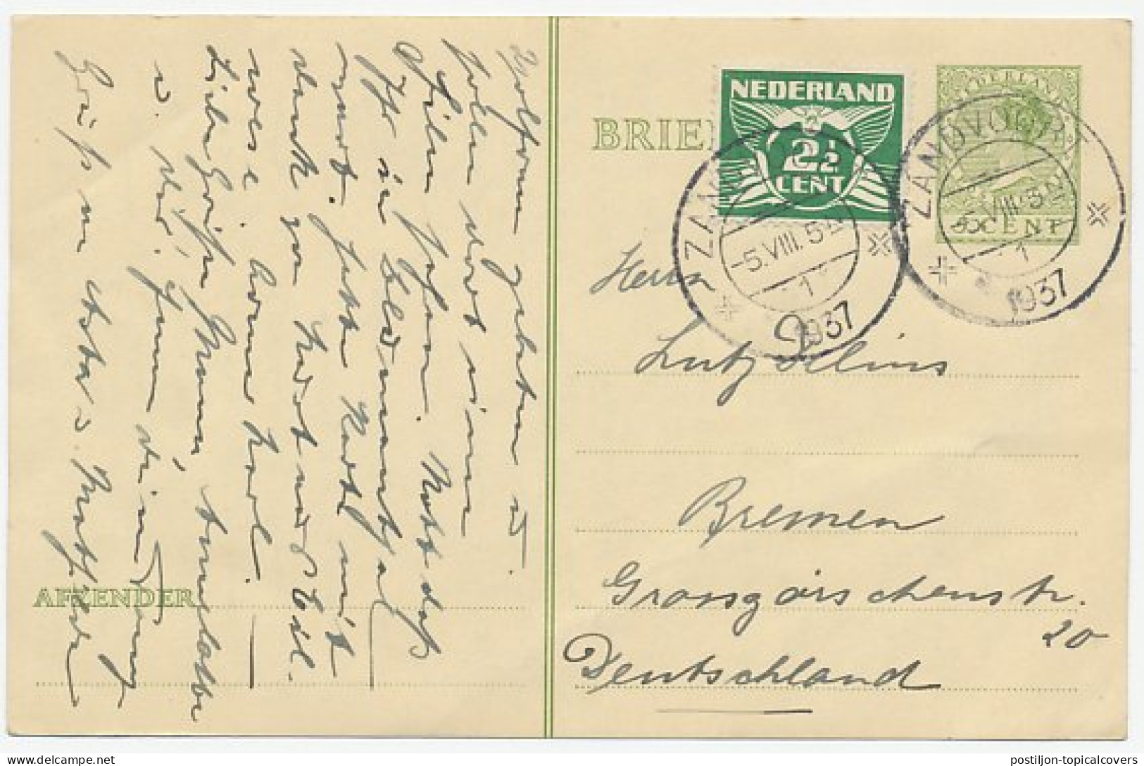 Briefkaart G. 237 / Bijfrankering Zandvoort - Duitsland 1937 - Entiers Postaux