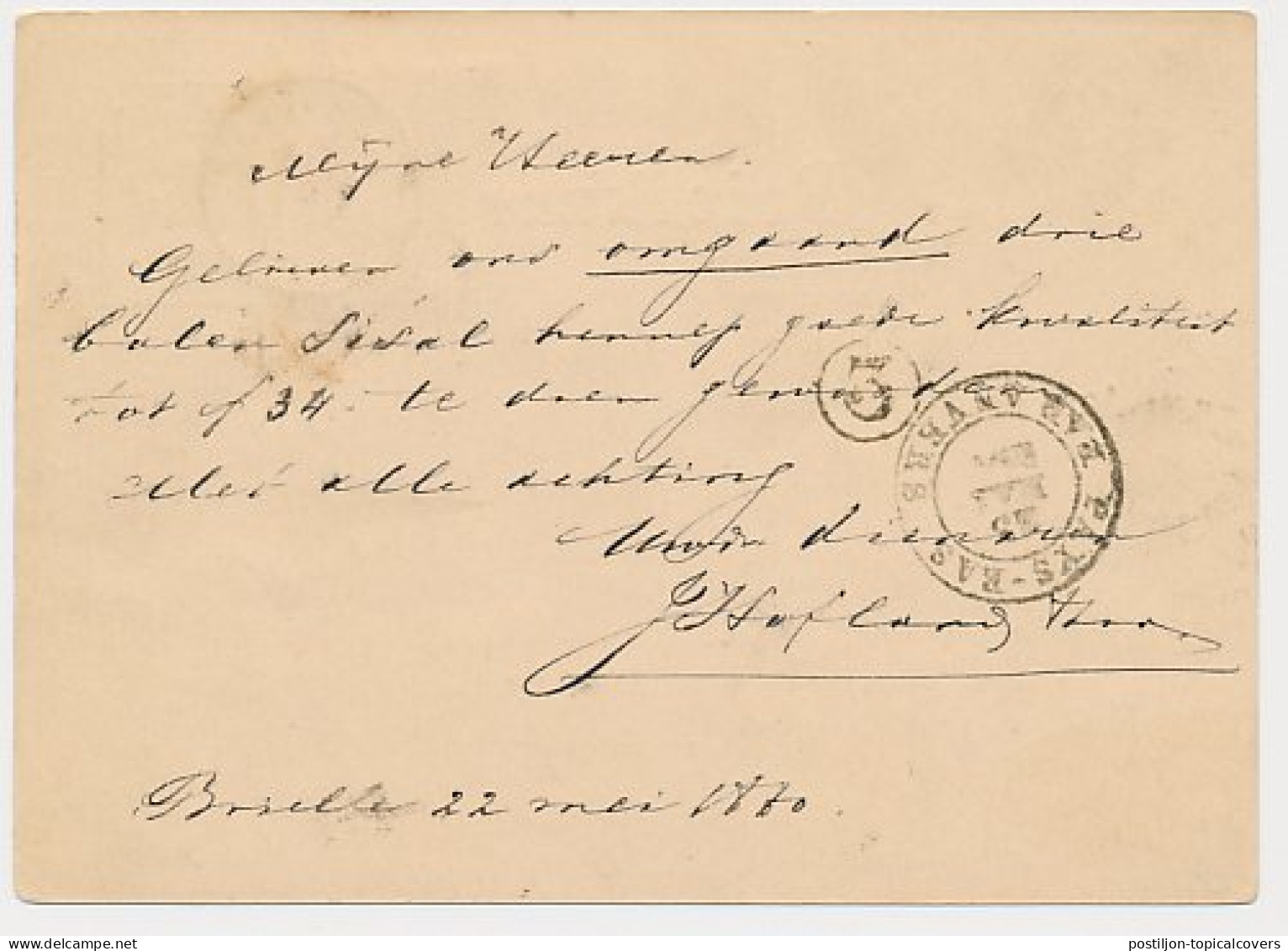 Briefkaart G. 14 / Bijfrankering Brielle - Belgie 1880 - Postal Stationery