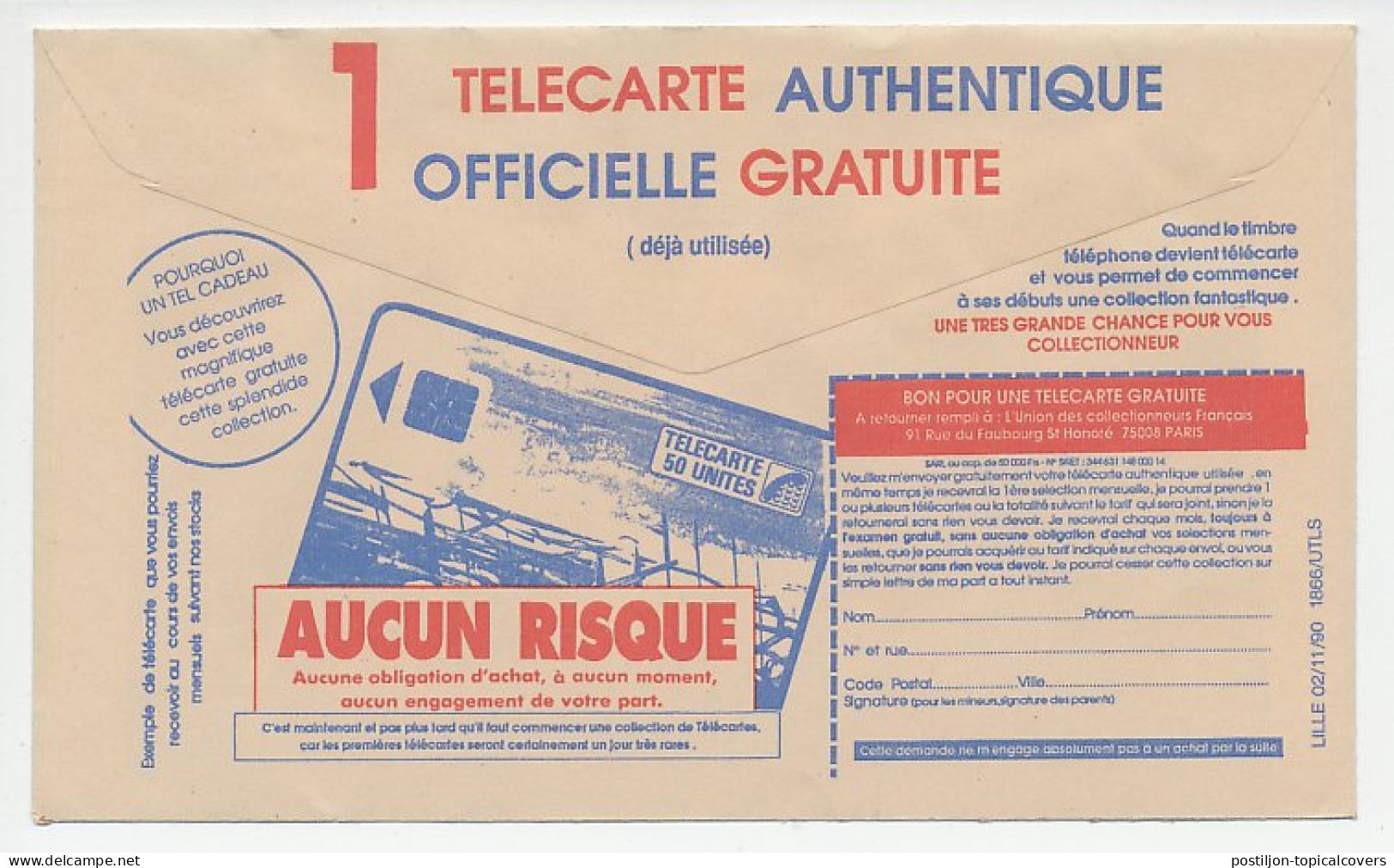 Postal Cheque Cover France 1990 Phone Card - Télécom