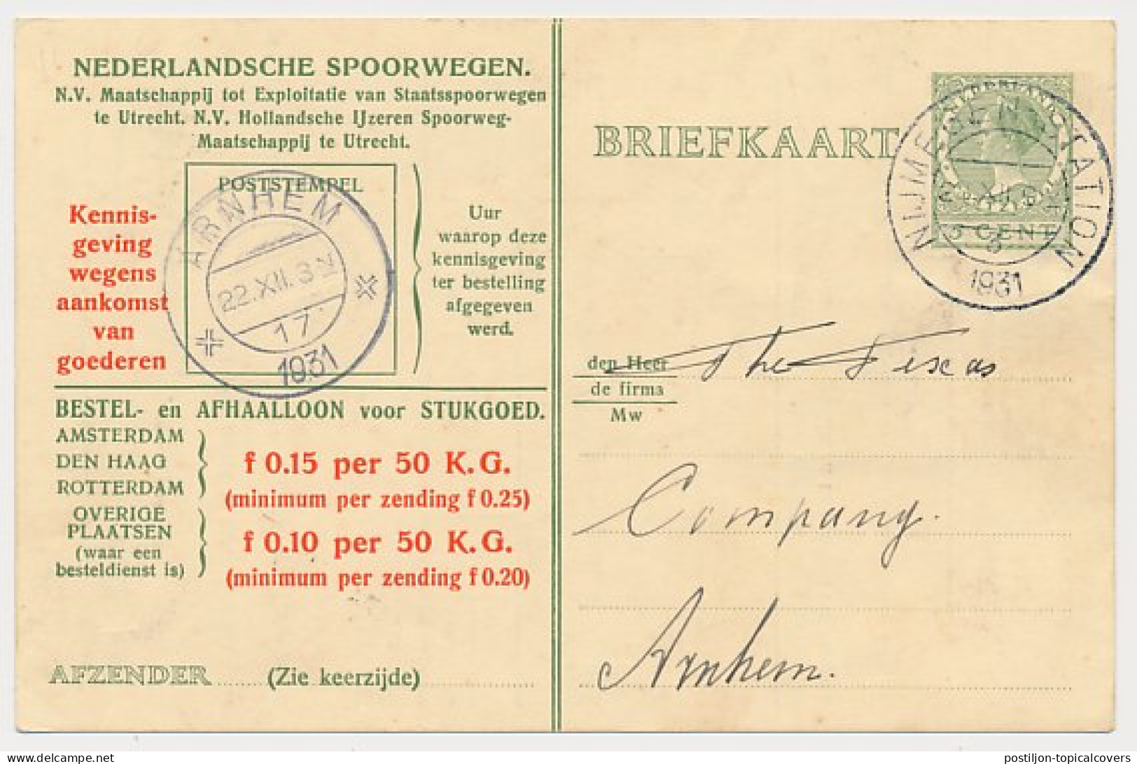 Spoorwegbriefkaart G. NS216 H - Nijmegen - Arnhem 1931 - Entiers Postaux