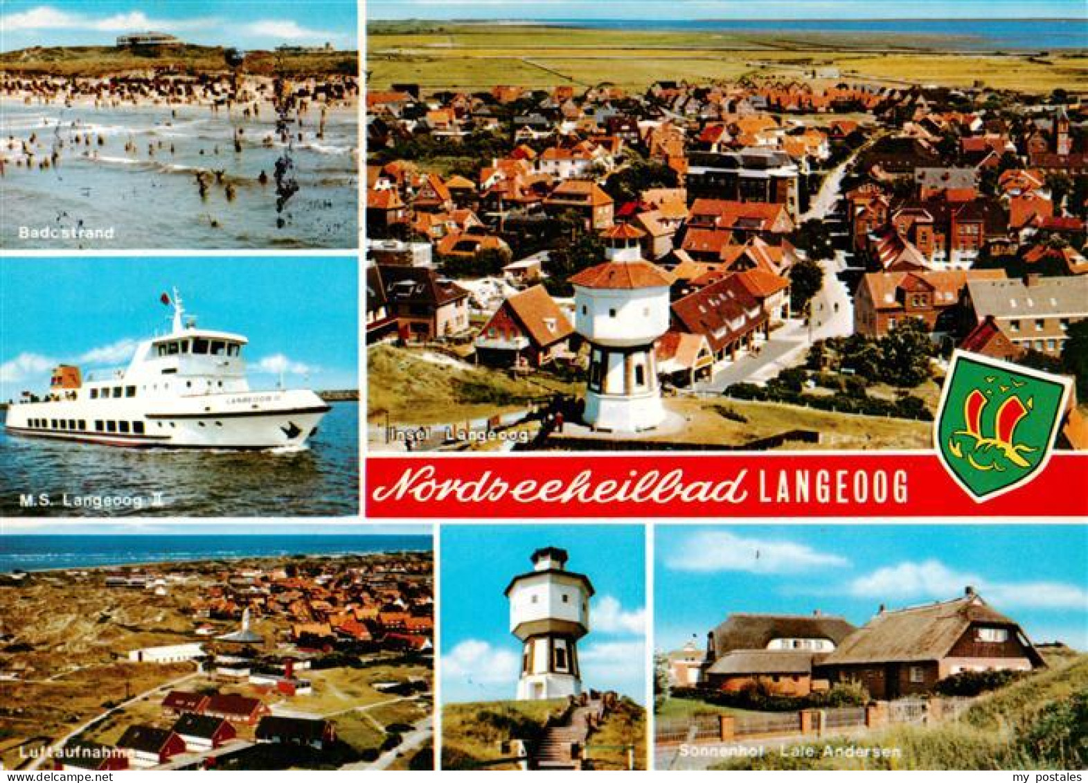 73937551 Langeoog_Nordseebad Badestrand MS Langeoog Fliegeraufnahmen Wasserturm  - Langeoog