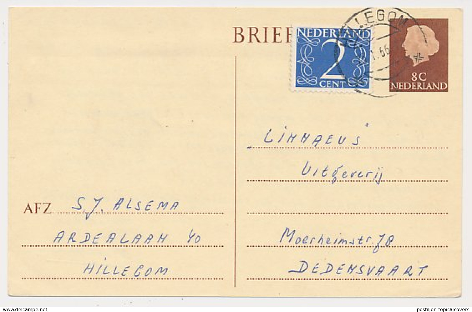 Briefkaart G. 325 / Bijfrankering Hillegom - Dedemsvaart 1966 - Entiers Postaux