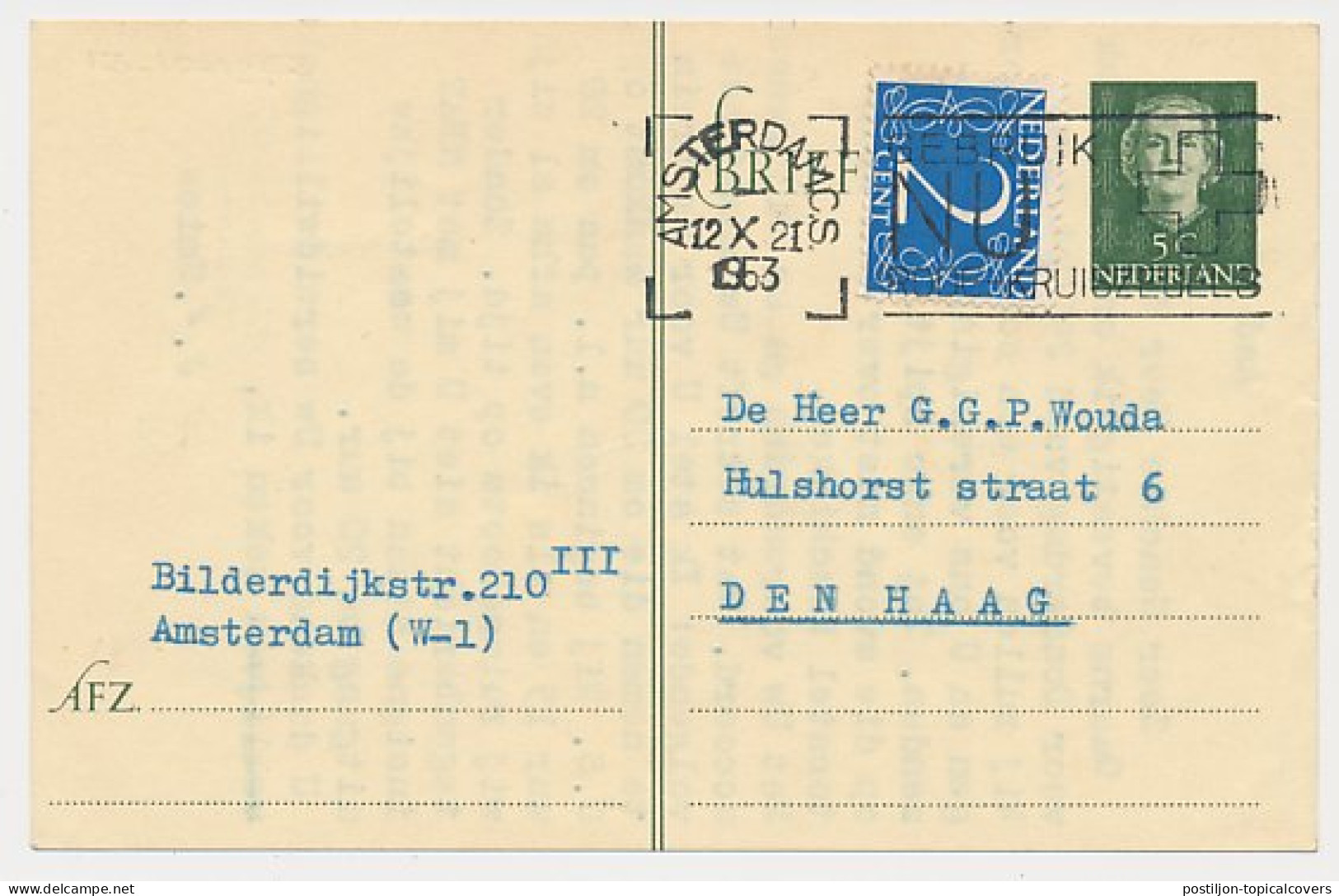 Briefkaart G. 300 / Bijfrankering Amsterdam - Den Haag 1953 - Postal Stationery