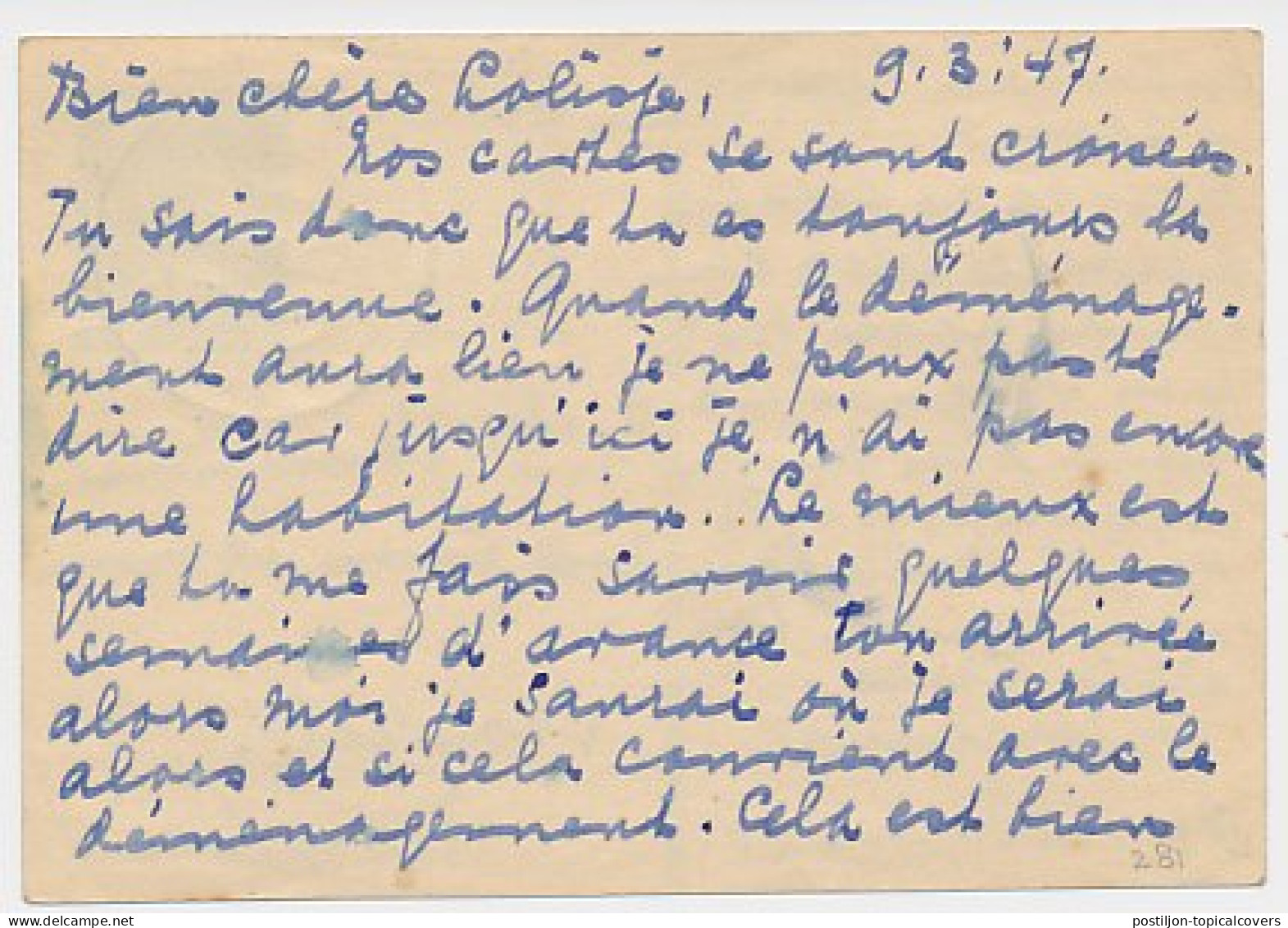 Briefkaart G. 281 / Bijfrankering Bussum - Belgie 1947 - Ganzsachen