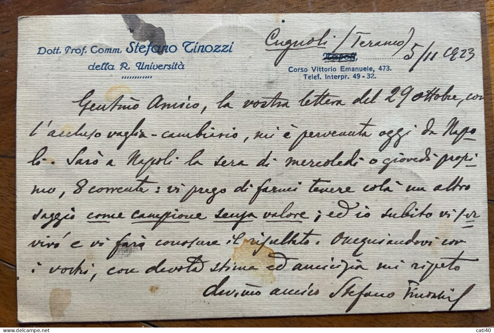 PROF.STEFANO TINOZZI R.UNIVERSITA' DI NAPOLI - CARTOLINA AUTOGRAFA Da CUGNOLI (TERAMO) 5/11/23 A AVV. NICOLA GRECO - Storia Postale