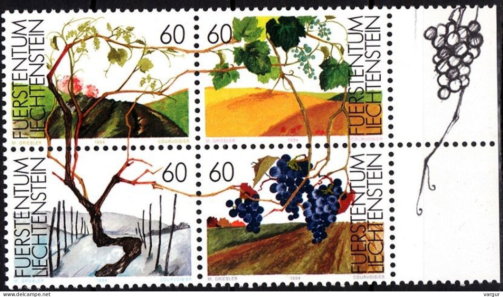 LIECHTENSTEIN 1994 FLORA Fruits: Grape Plant In Seasons Of Year. Block, MNH - Obst & Früchte