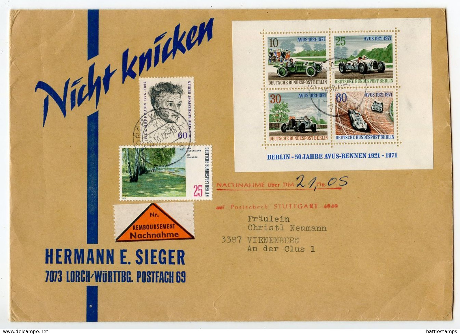 Germany, West 1972 Cover; Lorch To Vienenburg; Nachnahme Labels; Berlin Stamps - Avus Race Track, Hoffmann, Wannsee - Brieven En Documenten