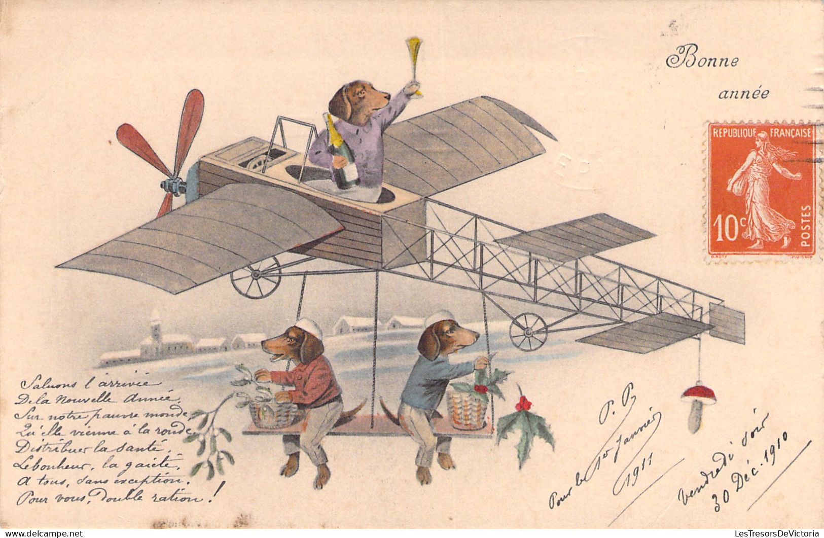 ILLUSTRATEUR - Animaux Habillés Fétant La Nouvelle Année Dans Un Ancien Avion - Chiens - Carte Postale Ancienne - Unclassified