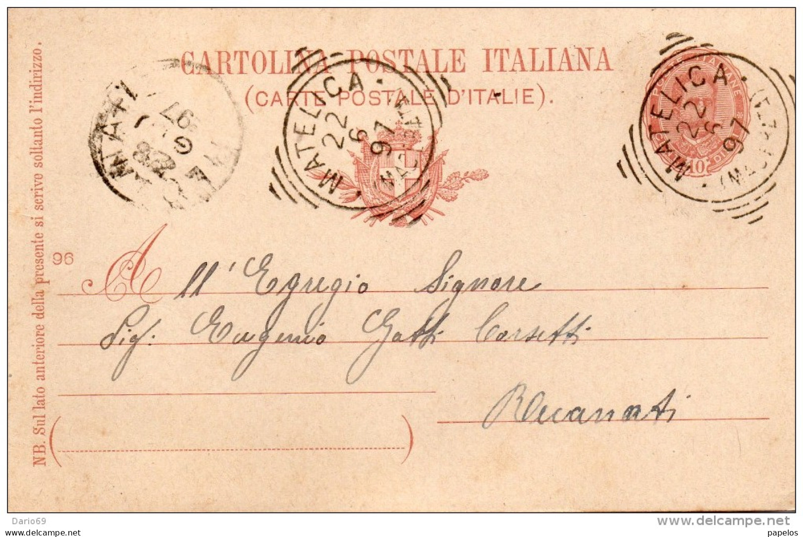 1897 CARTOLINA CON ANNULLO MATELICA  MACERATA + RECANATI - Interi Postali