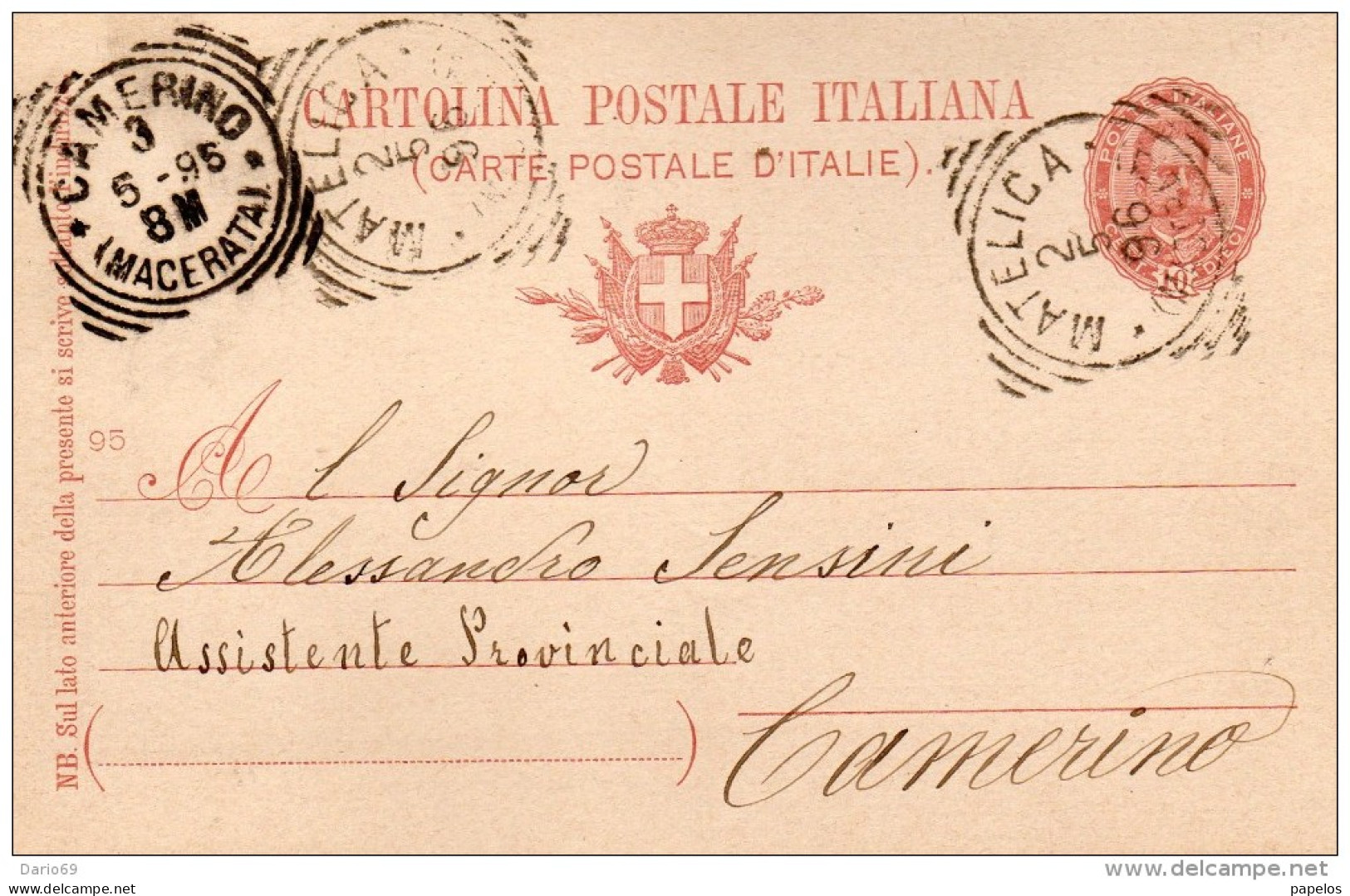 1895 CARTOLINA CON ANNULLO MATELICA  + CAMERINO MACERATA - Interi Postali