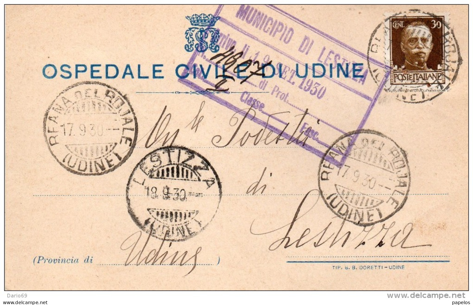 1930 CARTOLINA CON ANNULLO Reana Del Rojale UDINE + LESTIZZA - Storia Postale