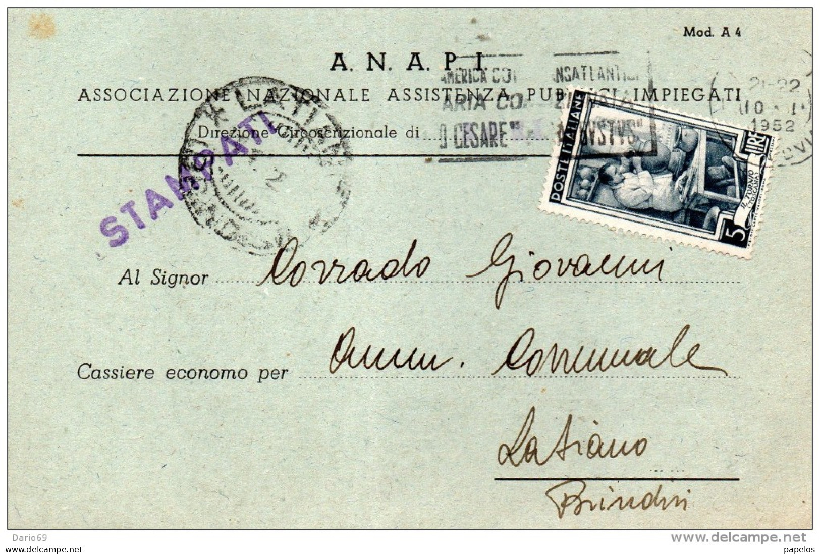 1952 CARTOLINA INTESTATA ASSOCIAZIONE NAZIONALE ASSISTENZA PUBBLICI IMPIEGATI - 1946-60: Storia Postale