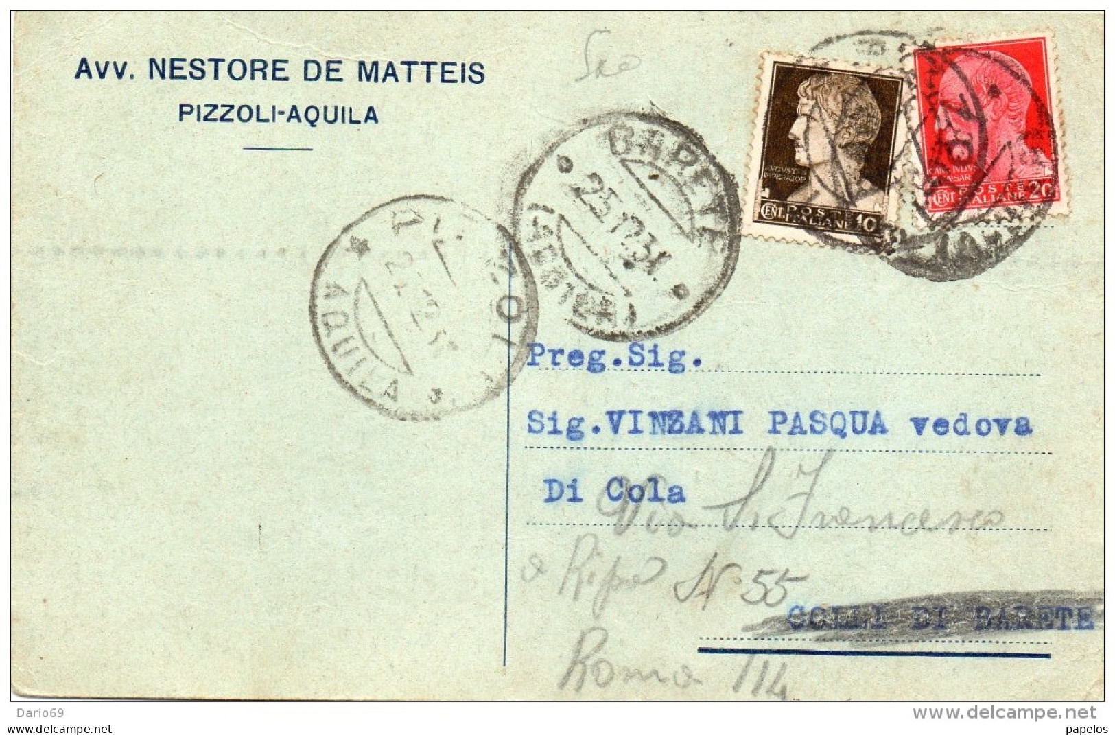 1931  CARTOLINA CON ANNULLO PIZZOLI AQUILA  + BARETE - Storia Postale