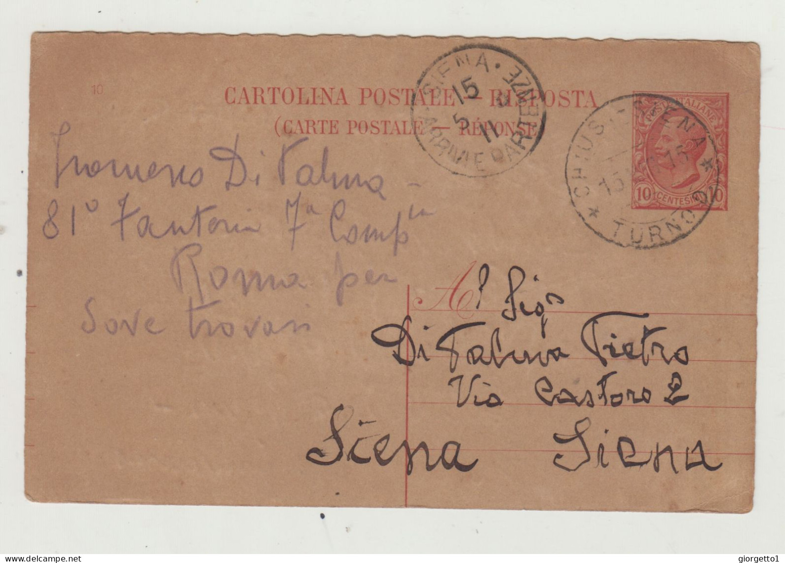 INTERO POSTALE DA 10 CENTESIMI - VIAGGIATA NEL 1915 VERSO SIENA PER DI PALMA WW1 - Ganzsachen