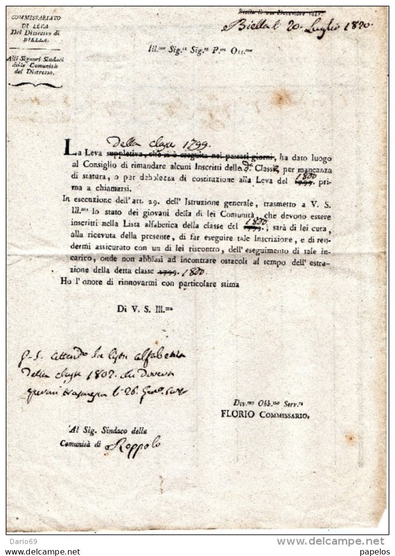 1820 BIELLA - COMMISSARIATO DI LEVA - Decretos & Leyes