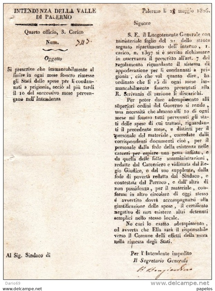 1826 PALERMO - SPESE PER I CONDANNATI A PRIGIONIA - Decretos & Leyes