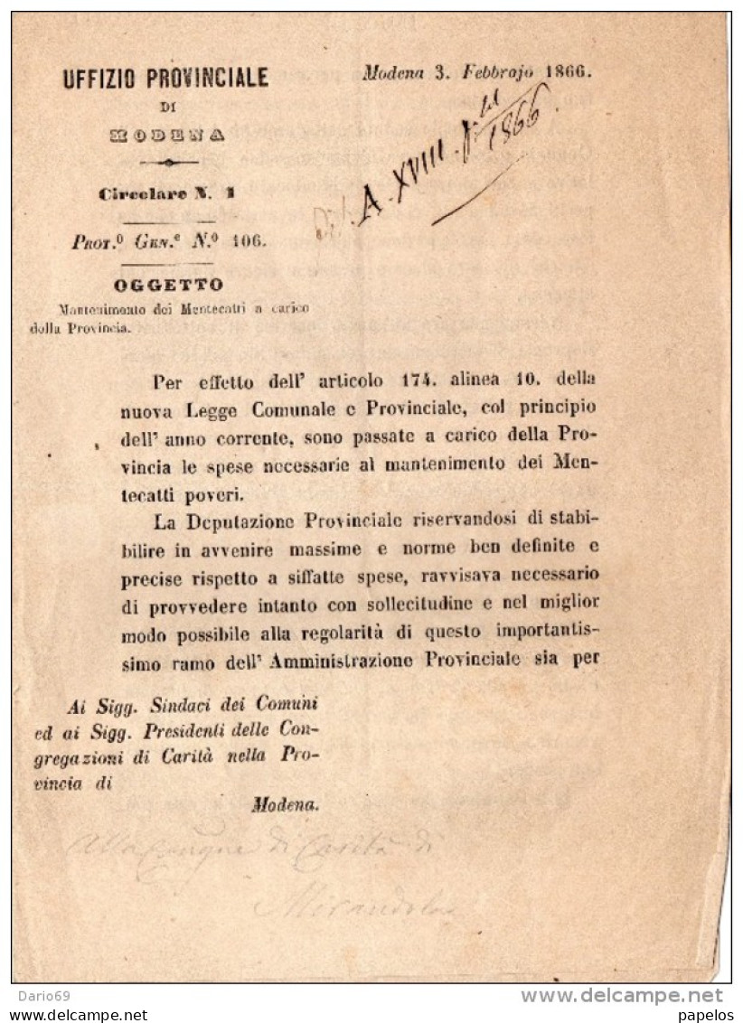 1866 MODENA  - MANTENIMENTO DEI MENTECATTI POVERI - Décrets & Lois
