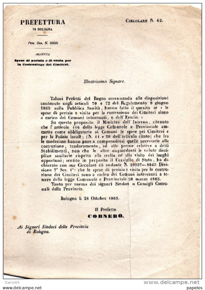 1865 BOLOGNA - SPESE PER LA COSTRUZIONE DEI CIMITERI - Décrets & Lois