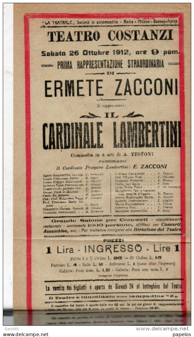 1912   TEATRO COSTANZI PRIMA RAPPRESENTAZIONE STRAORDINARIA  ERMETE ZACCONI - Programs