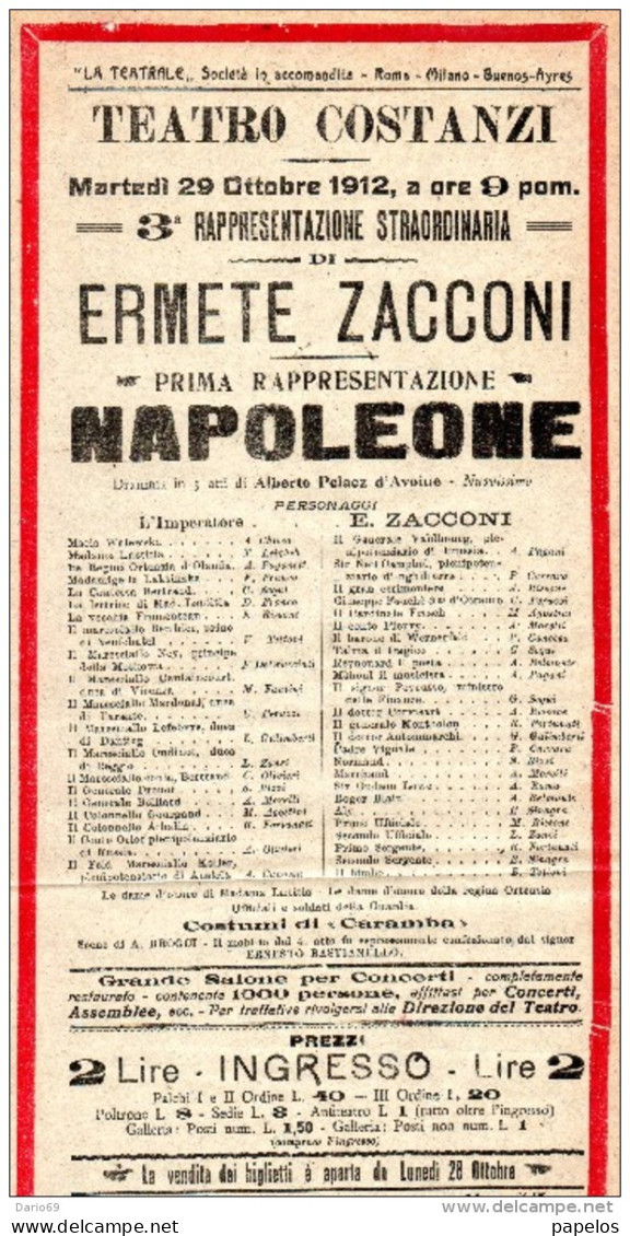 1912 TEATRO COSTANZI  PRIMA RAPPRESENTAZIONE STRAORDINARIA DI ERMETE ZACCONI - Programma's