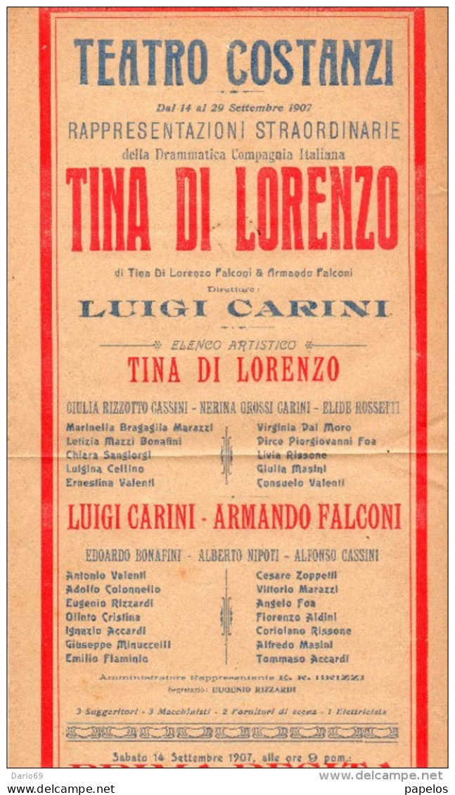 1907  TEATRO COSTANZI  RAPPRESENTAZIONE STRAORDINARIA TINA DI LORENZO - Programmi