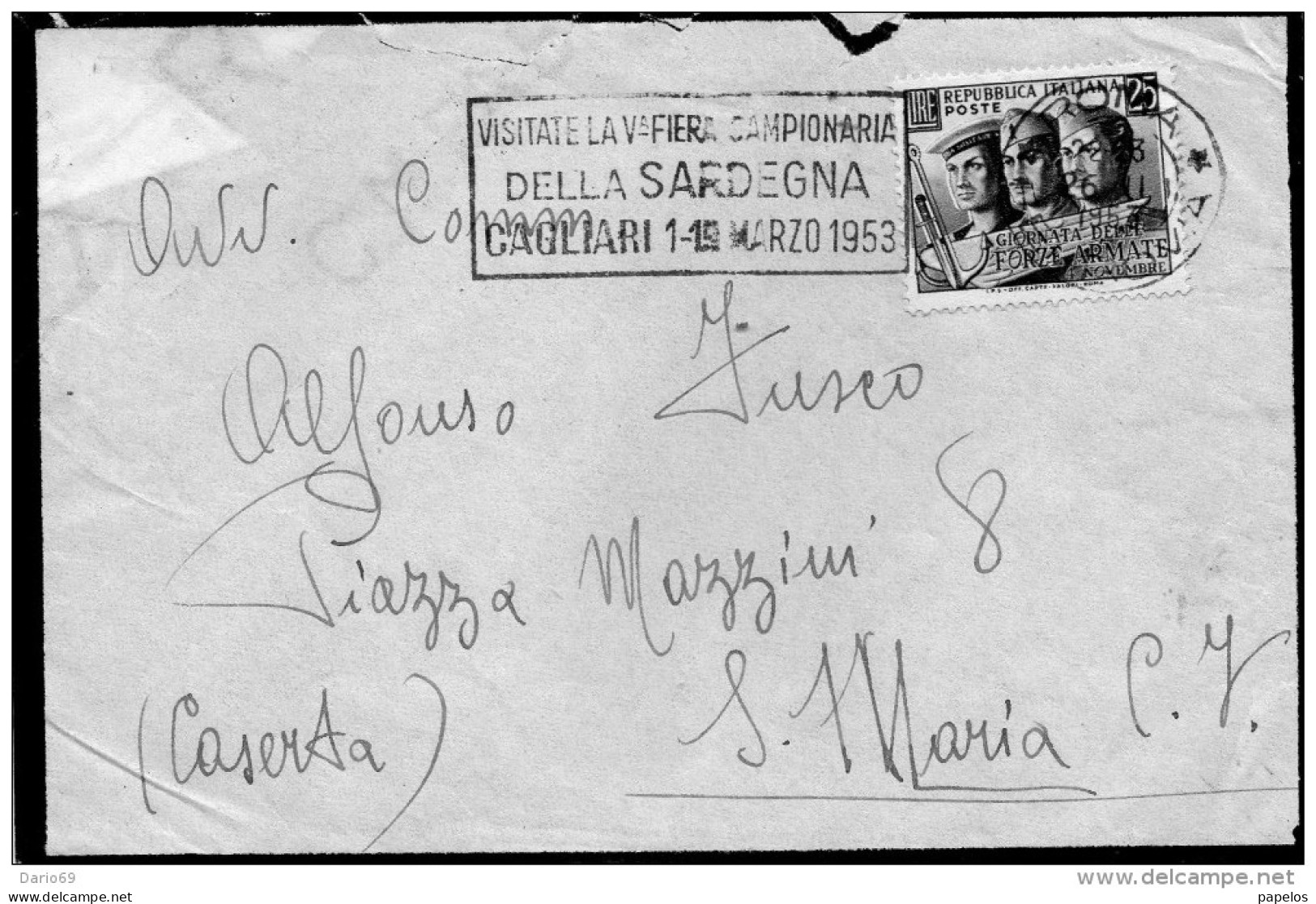 1953 LETTERA CON ANNULLO ROMA + TARGHETTA VISITATE LA FIERA CAMPIONARIA DELLA SARDEGNA CAGLIARI - 1946-60: Storia Postale