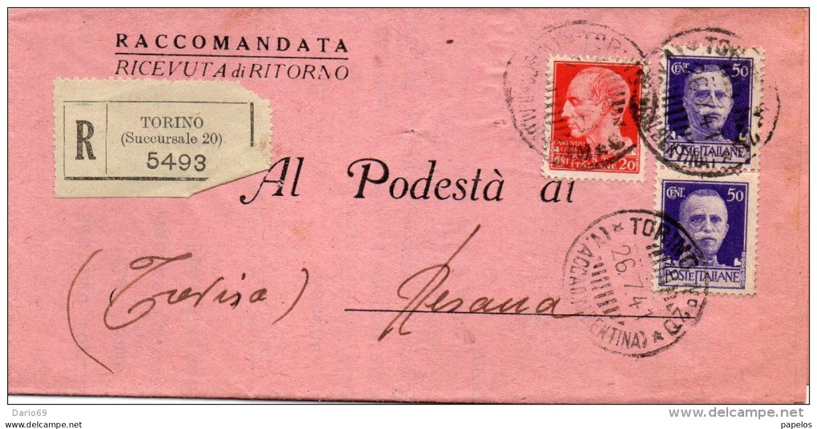 1941  LETTERA RACCOMANDATA CON ANNULLO  TORINO 20 - Storia Postale